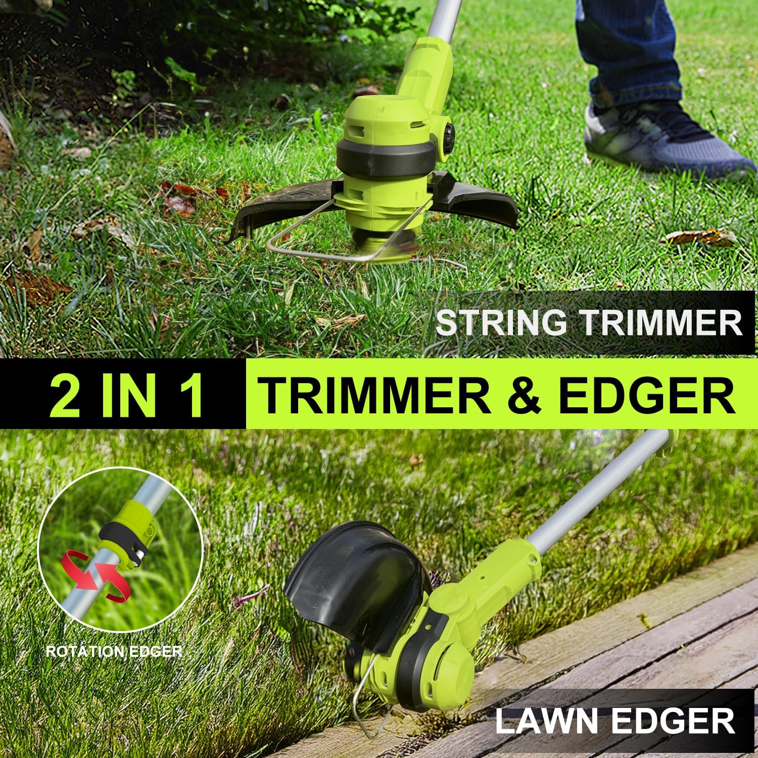 21V String Trimmer Cordless, Battery Powered, Electric Grass Trimmer with 2 x 2.0Ah Batteries, 12 Inch Trimmer and Edger with 4 Bonus Spools for Lawn, Garden